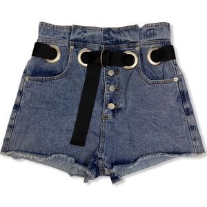 My-Kim Belted Button Fly High Waist Frayed Hem Denim Paper Bag Shorts